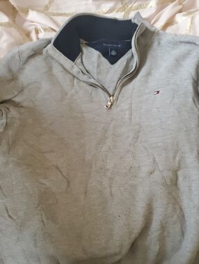 Tommy Hilfiger Olive Green Quarter Zip Pullover with Navy Trim